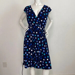 Brannan Woman Navy Blue V-Neck Belted Cap Sleeves Polka Dot Dress Plus Size 16